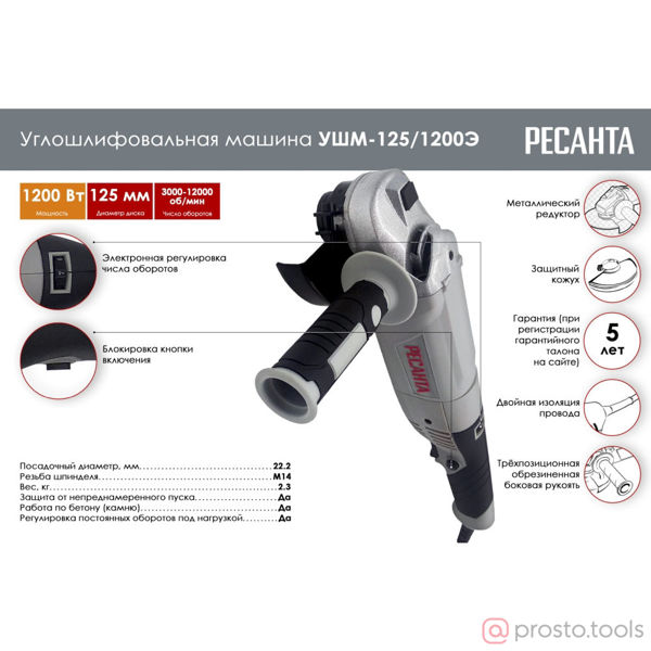 Изображение УШМ 125мм 1200Вт УШМ-125/1200Э //РЕСАНТА