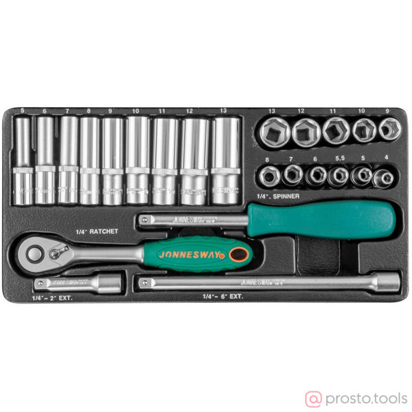 Изображение Набор головок 1/4" 4-13 мм 6 гр. 25 пред. с трещоткой S04H2125S //JONNESWAY