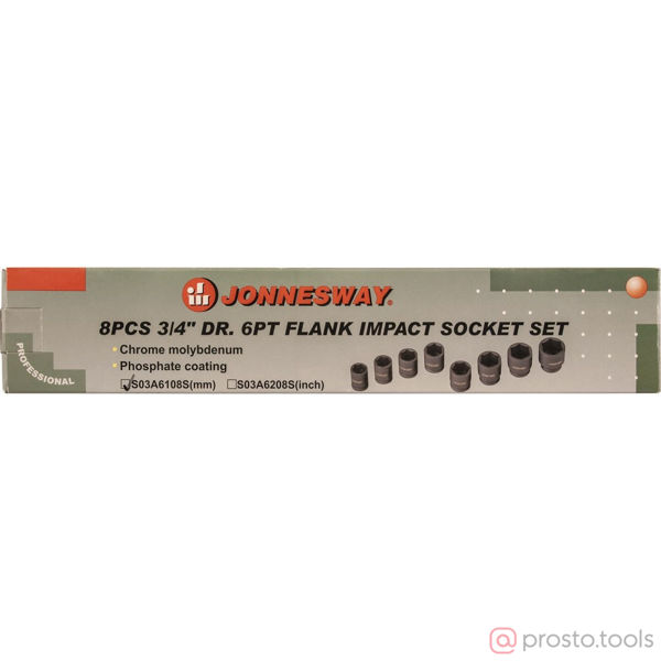 Изображение Набор головок ударных 3/4" 26-38 мм 6 гр. 8 пред. S03A6108S //JONNESWAY