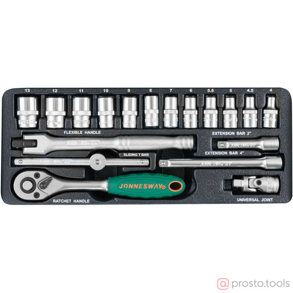 Изображение Набор головок 1/4" 4-13 мм 6 гр. 18 пред. с трещоткой S04H2118S //JONNESWAY