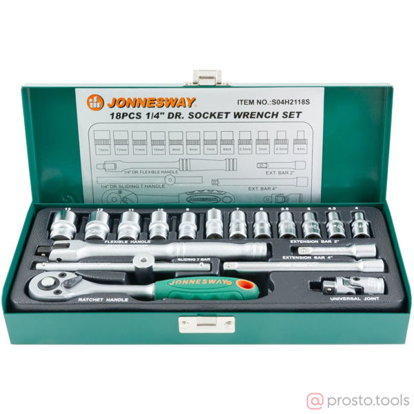 Изображение Набор головок 1/4" 4-13 мм 6 гр. 18 пред. с трещоткой S04H2118S //JONNESWAY
