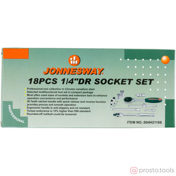 Изображение Набор головок 1/4" 4-13 мм 6 гр. 18 пред. с трещоткой S04H2118S //JONNESWAY