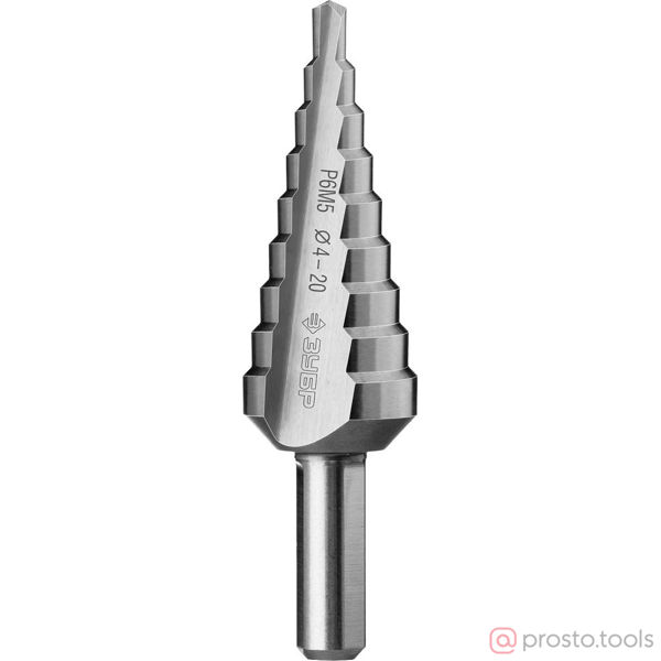 Изображение Сверло ступенчатое 4-20мм по сталям и цвет. мет. ст. Р6М5, 9ступ. L-75 мм, трехгран. //ЗУБР