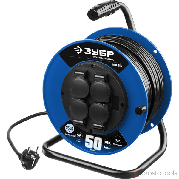 Изображение Удлинитель эл. на катушке 50м 4 гнезда "ПВС 315", 3500 Вт, IP44, ПВС 3х1,5 кв мм //ЗУБР