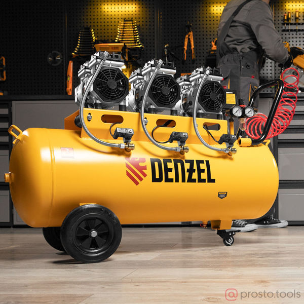 Изображение Компрессор безмаслянный DLS 1800/100 малошумный 1800 Вт, 345 л/мин 3х600 ресивер 100 л //DENZEL